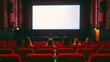 © OMD - View inside a movie theater with audience seated watching a bright cinema screen.