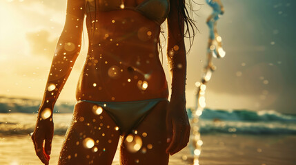 Wall Mural - Close-up of a fit woman in a bikini on a sunny beach, with water droplets sparkling in the sunlight.