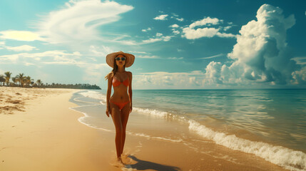 Wall Mural - Slim woman in orange bikini and straw hat walking on a sunny beach with palm trees and clear sky.