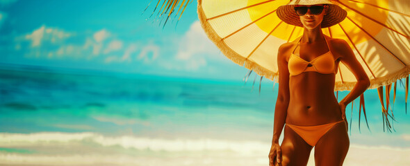 Poster - A woman in a yellow bikini standing under a woven sunhat on a sunny beach, ocean in the background.