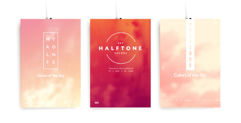 Wall Mural - trendy colorful poster set. halftone sky background and abstract geometric shapes. modern creative v
