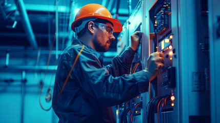 Wall Mural - An engineer in a hard hat adjusting panels in a high-tech industrial setting.