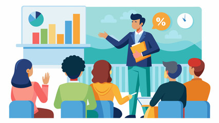 A guidance counselor gives a presentation to a room full of parents and students about creating a budget for college expenses and how to stick to it.. Vector illustration