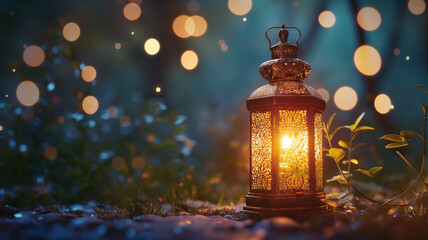 lantern illuminated on nature bokeh background