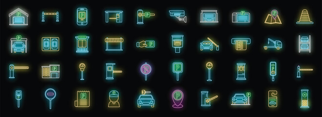 Canvas Print - Paid parking icons set outline vector. Park gate. Garage place neon color on black