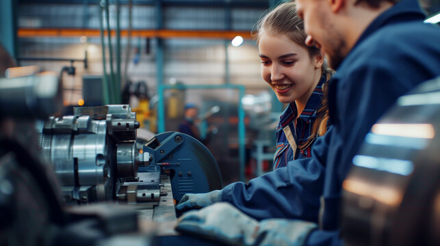 Two young engineers working collaboratively on machinery in a busy workshop.