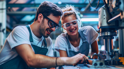 Poster - Two cheerful engineers, a man and a woman, analyze a component in a workshop with a drill press.
