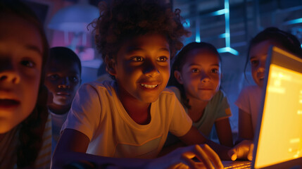 a group of happy children are looking at a laptop screen. it сamp for young programmers. one of the 