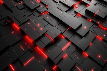 Wall Mural - Glowing red metallic threads weave a complex black and red cyber geometric composition.