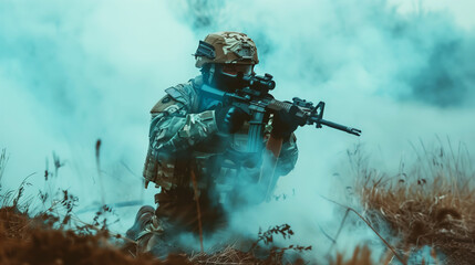 Wall Mural - A soldier in tactical gear advancing through smoke on a battlefield, aiming a rifle.