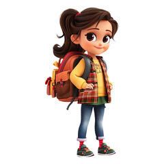 Wall Mural - Cute cartoon girl student isolated on transparent background. 