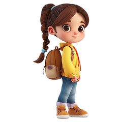 cute cartoon girl student isolated on transparent background.