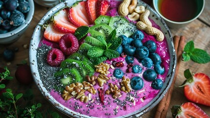 Poster -   Close-up image of a fruit-topped bowl of food with a tea cup in the background