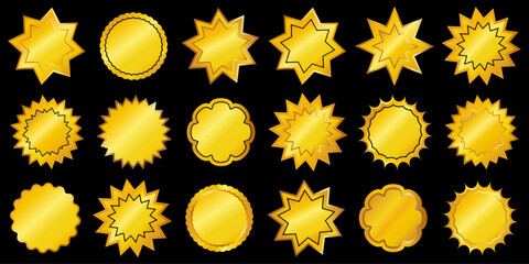 Set of gold stars and decoration decorations isolated on a black background, vector.