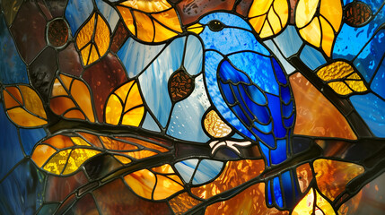 Wall Mural - Colorful stained glass artwork featuring a vibrant blue bird perched on a branch against an autumn backdrop.