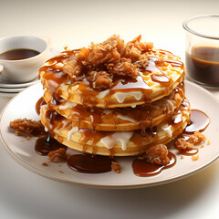 Wall Mural - Stack of pancakes with honey and nuts on white plate. closeup