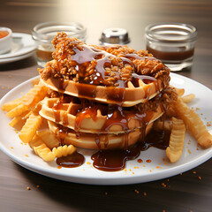 Wall Mural - Waffles with caramel sauce and fried bananas on a wooden table.