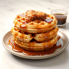 Wall Mural - 3d rendering of a stack of belgian waffles with caramel syrup