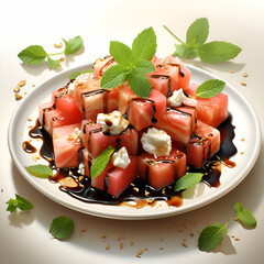 Wall Mural - Slices of watermelon with feta cheese and mint on plate