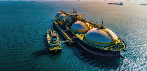 Canvas Print - A large oil tanker is docked at the port, carrying three giant white spherical tanks filled with yellow liquid gas on board. The entrance to an industrial complex can be seen in the background