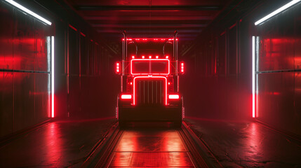 A large truck illuminated with red neon lights parked in a dark industrial garage with reflective floors.