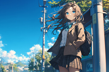 Wall Mural - A beautiful anime school girl standing at the bus stop, she has long brown hair and blue eyes