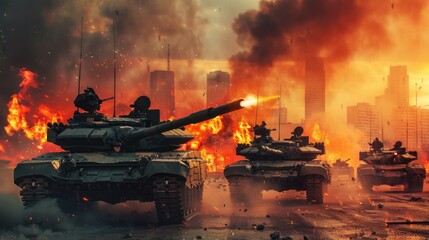 Wall Mural - A group of tanks are in a battle, with one tank firing a cannon