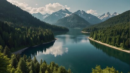 Wall Mural - A river and a lake in the middle of green forest and mountains
