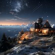 3D rendering of a beautiful house in the mountains at night.