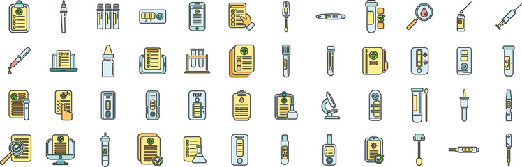 Poster - Test result icons set outline vector. Hiv test. Rapid kit thin line color flat on white