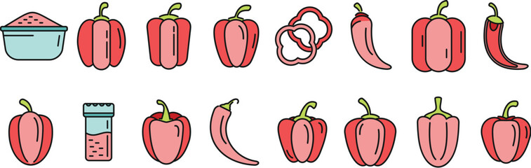 Canvas Print - Paprica icons set outline vector. Capsicum bell. Chilli vegetable thin line color flat on white