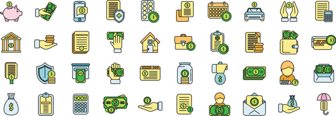 Sticker - Compensation icons set outline vector. Pension money. Fund bank thin line color flat on white