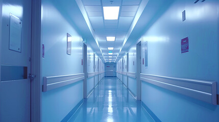 Wall Mural - A well-lit, empty hospital corridor with blue walls, reflective floor, and multiple doors.