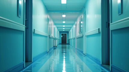 Canvas Print - Low-angle view of a long, empty hospital corridor with glossy blue floors and walls.