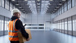 Man in empty warehouse. Guy with box in industrial hangar. Manager in factory building. Storekeeper with box and phone. Man inspects site for future warehouse. Worker brought first box to storehouse