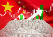Growth China economy. Pile money near flag PRC. Growing financial chart. China GDP growth. Growth in profits Chinese companies. Improvements in economic situation in China. 3d image
