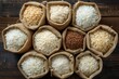 A bunch of different colored rice in bags. The bags are all different sizes and colors. The rice is in a variety of colors including white, brown, and black