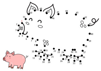 Wall Mural - Dot to dot game for kids. Connect the dots and draw a cute pig. Farm animal puzzle activity page. Vector illustration