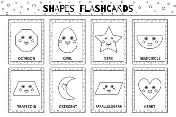 Wall Mural - Shapes flashcards black and white collection for kids. Flash cards set in outline with cute geometric characters for school and preschool. Octagon, semicircle, oval and more. Vector illustration