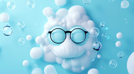 Sticker - A whimsical cluster of white bubbles forming a face with black round glasses on a teal background.