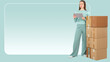 © Grispb - Woman with boxes. Girl doing relocation. Lady with electronic tablet. Moving boxes on turquoise. Copy space. Woman looking for company to help with relocation. Place for advertising moving services