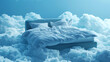 Surreal concept image showing a bed surrounded by clouds under a cool blue sky, depicting dreamlike comfort.