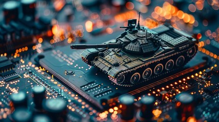 closeup of military tank on powerful computer board ai warfare and microchip race concept illustration