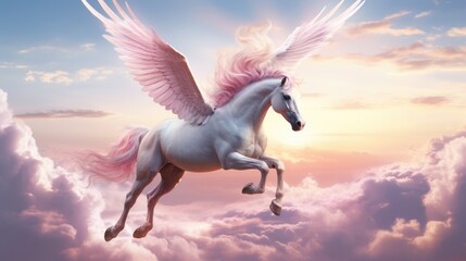 Ethereal pegasus watercolor illustration - Generative AI. White, pegasus, wings, clouds.