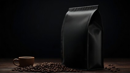 Black paper coffee bag packaging mockup with spilled coffee beans on a coffee table, suitable for branding, mockup for marketing, mockup for packaging. isolated on black background.