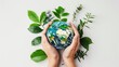 © Bijac - earthly embrace hands holding globe with lush green foliage world environment day concept white background