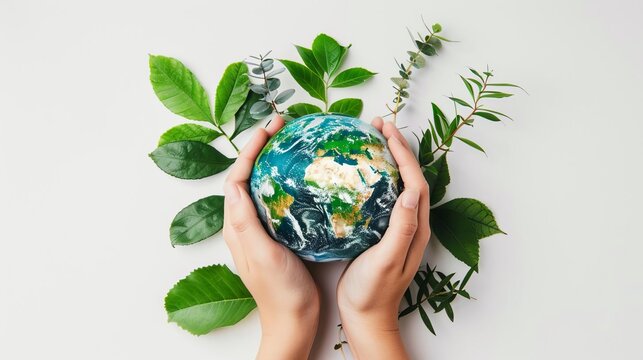 earthly embrace hands holding globe with lush green foliage world environment day concept white back