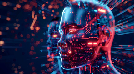 Wall Mural - Futuristic digital depiction of a human head with glowing electronic circuits and dynamic light bokeh.