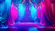 © Natalia - A vibrant and colorful stage with illuminated curtains, lights, and a glowing circular platform.