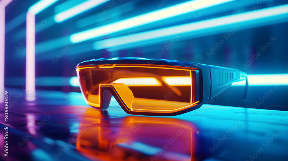 A futuristic set of smart glasses with yellow-orange lenses and sleek ...